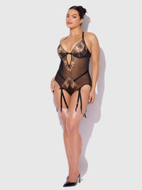 House of Desire Delilah Embroidered Sheer Teddy Black/Taupe