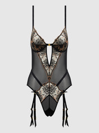 House of Desire Delilah Embroidered Sheer Teddy Black/Taupe