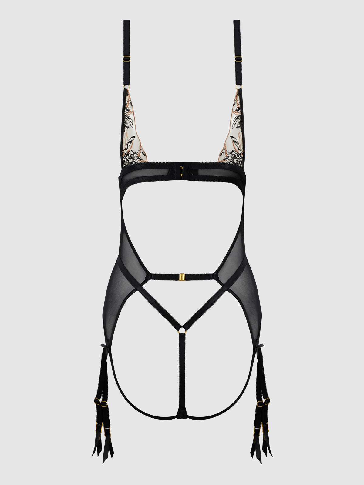 Delilah Embroidered Sheer Teddy Black/Taupe
