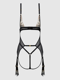 House of Desire Delilah Embroidered Sheer Teddy Black/Taupe