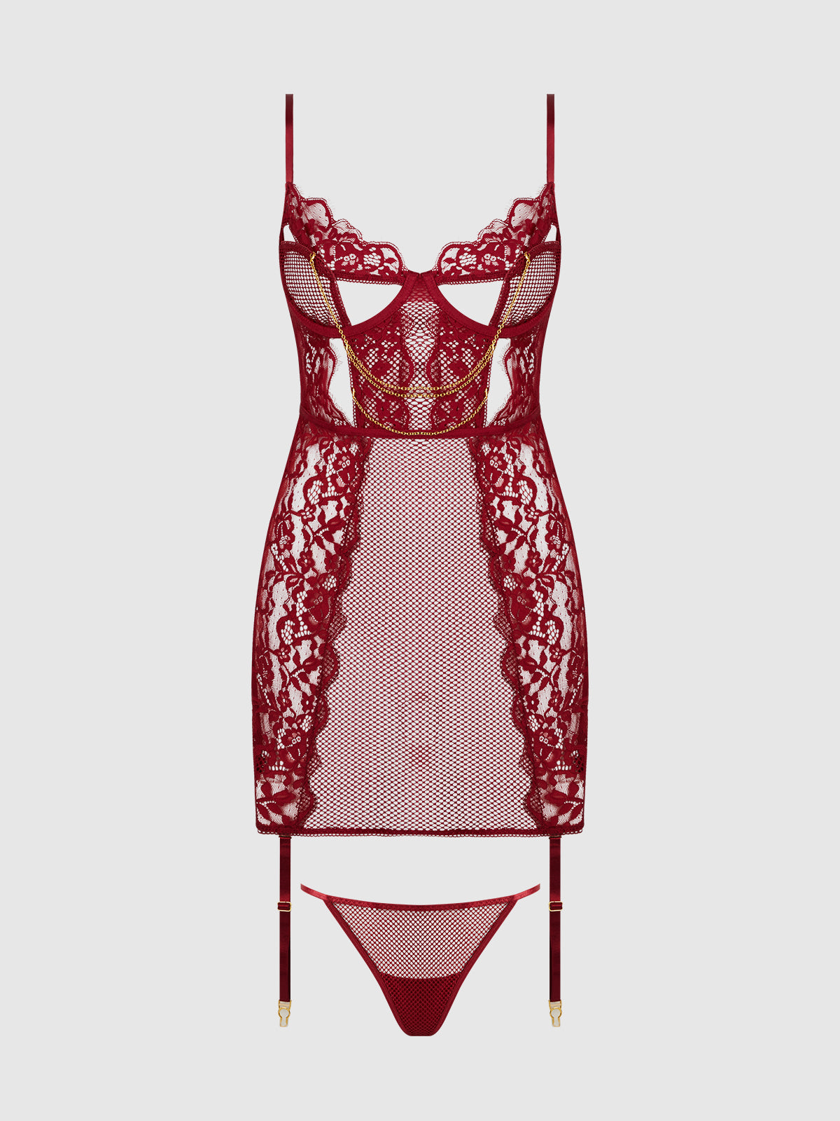 House of Desire Dezi Lace & Chain Chemise Set Rhubarb