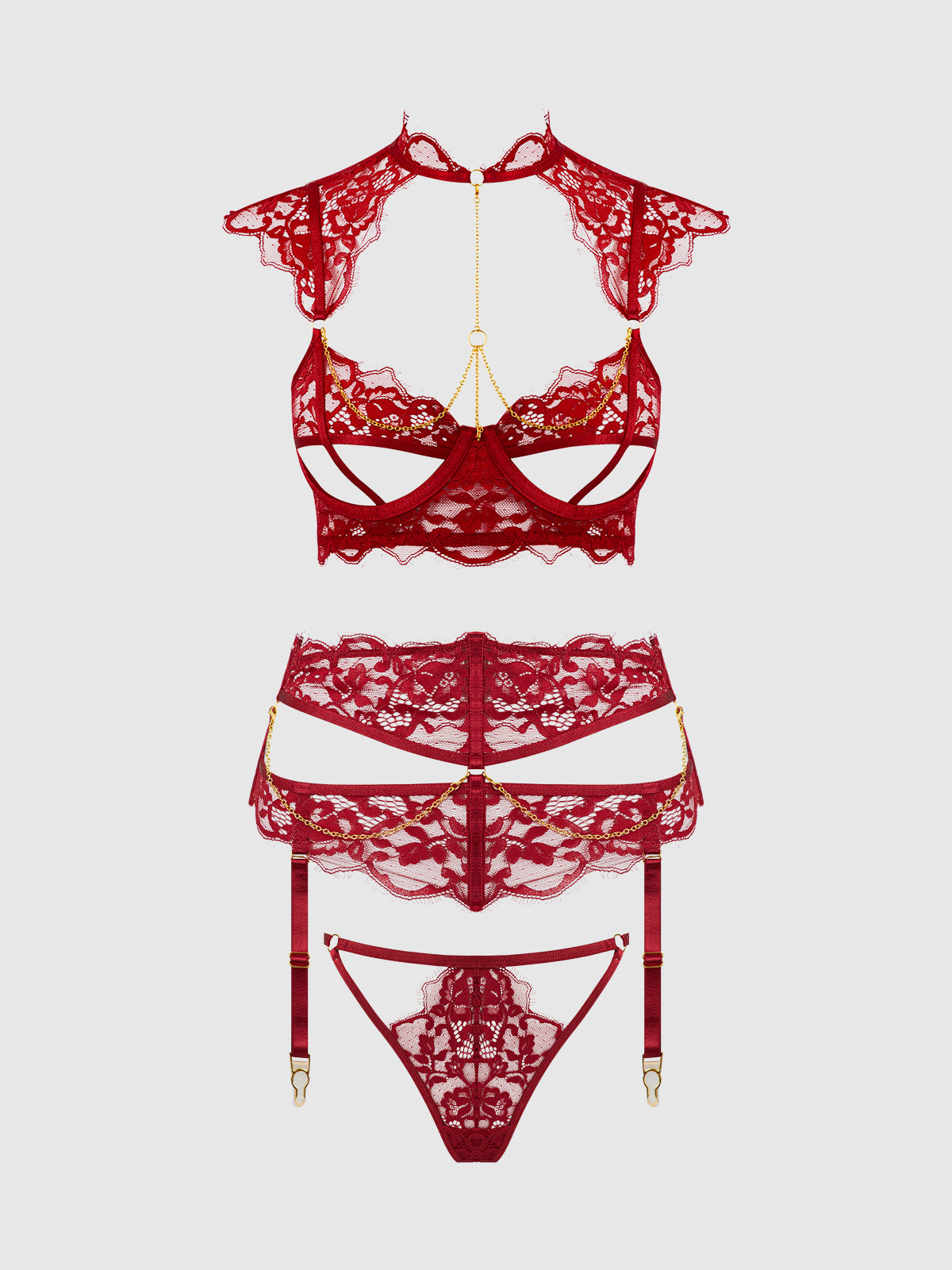 Dezi Lace & Chain Open Cup Bra Set Rhubarb