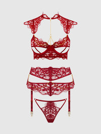 House of Desire Dezi Lace & Chain Open Cup Bra Set Rhubarb