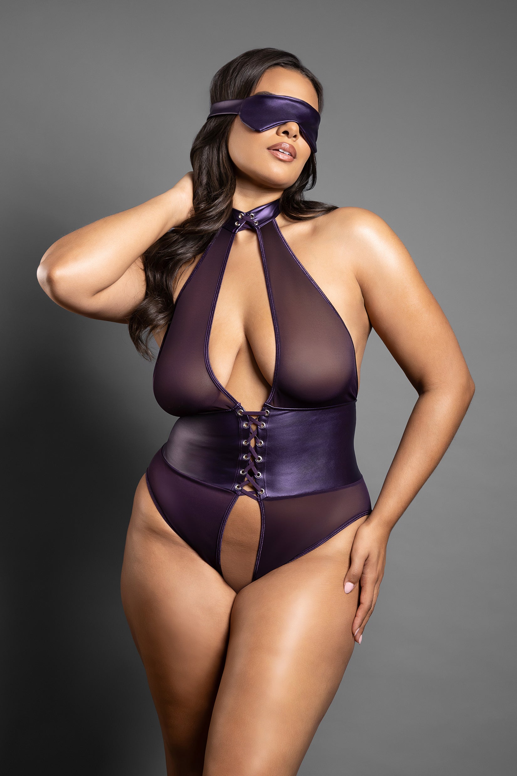 Fantasy Lingerie Domina Open Lace-up Teddy & Blindfold Set