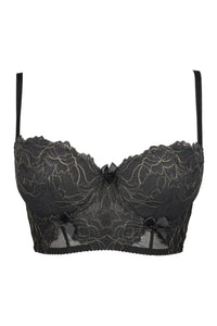 Black lace Dorado bustier push-up bra with gold embroidery, delicate bows, and removable straps.