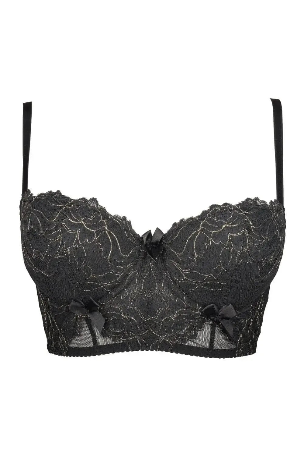 Black lace Dorado bustier push-up bra with gold embroidery, delicate bows, and removable straps.
