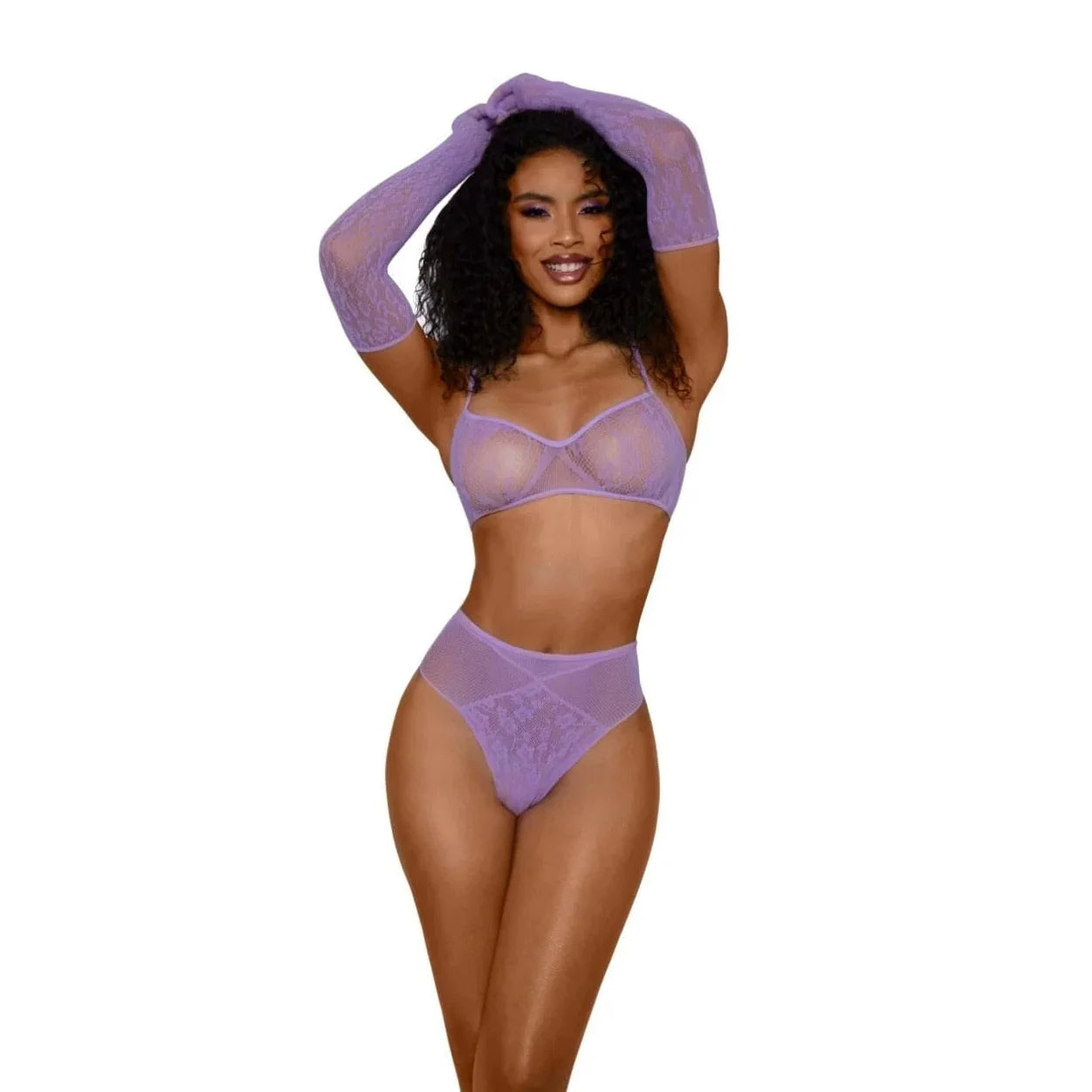 Dreamgirl Lace Bralette Panty and Gloves Set - One Size - Lilac