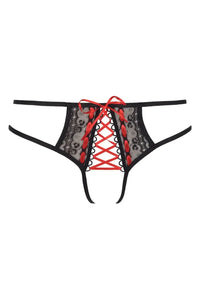 Axami Dreamscape crotchless cheekini in black lace with seductive red lace-up detailing.