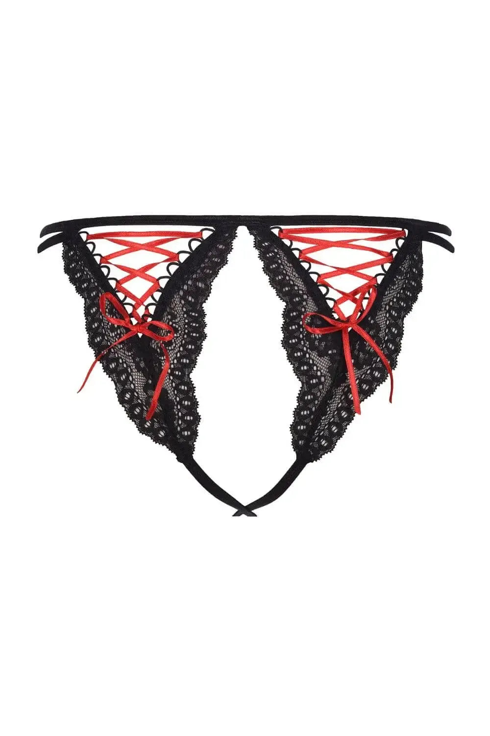 Seductive Axami Dreamscape crotchless cheekini in black lace with bold red lacing and bows.