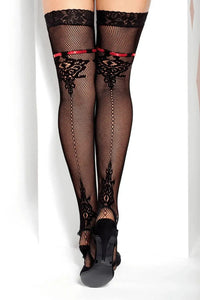 Black fishnet hold-up stockings with delicate lace tops, red ribbon accents, and intricate patterned details.