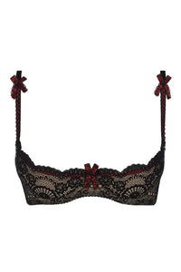 Captivating Axami Dreamscape black lace open cup shelf bra with red bows and underwire.