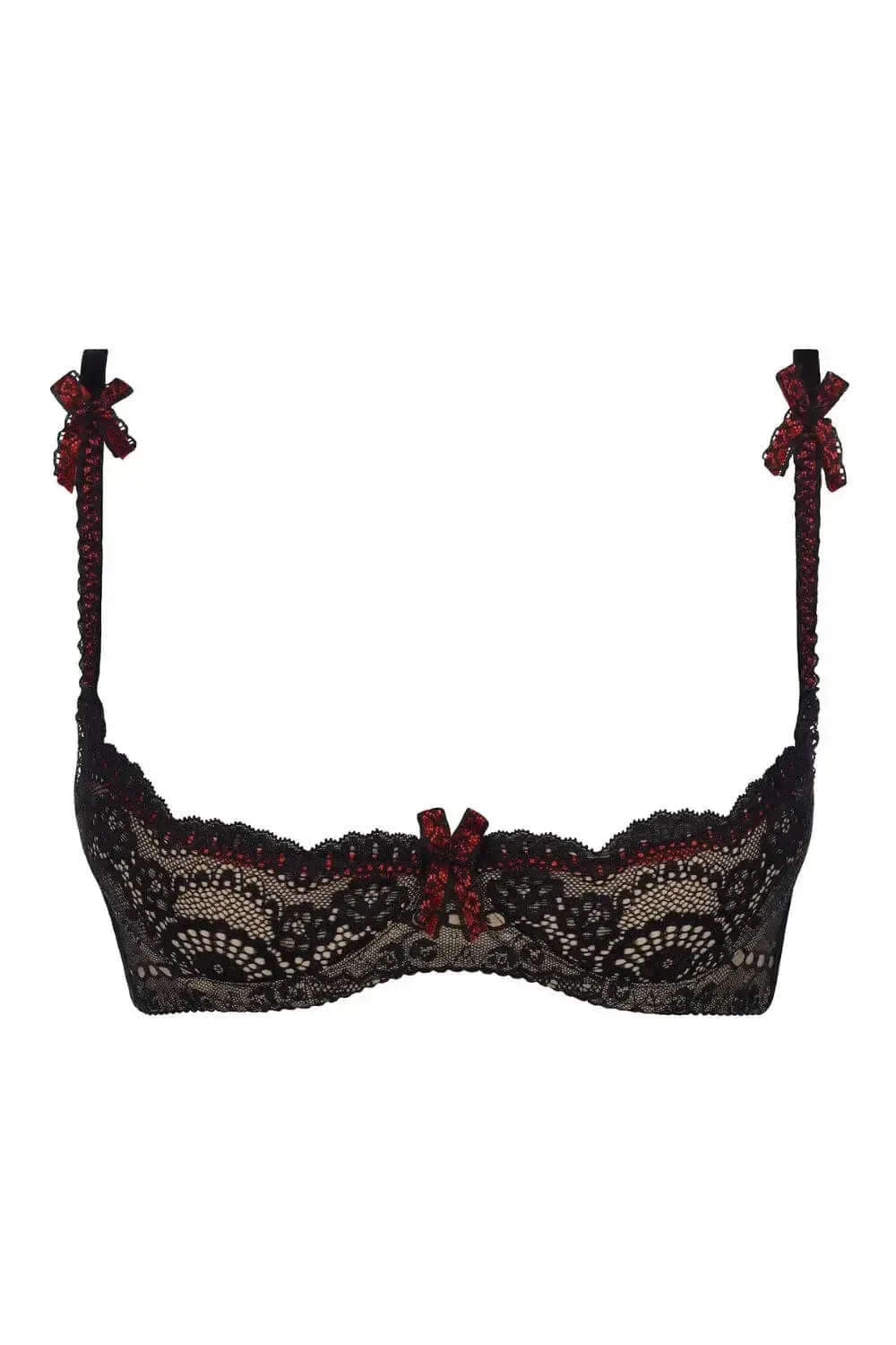 Captivating Axami Dreamscape black lace open cup shelf bra with red bows and underwire.