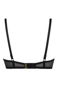 Axami Dreamscape black lace open cup shelf bra, back view, with adjustable straps and hook-and-eye closure.