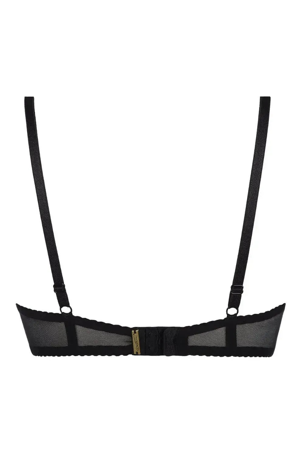 Axami Dreamscape black lace open cup shelf bra, back view, with adjustable straps and hook-and-eye closure.