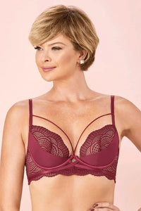 Burgundy sheer lace unlined bra with delicate straps, tulle detail, and elastic cross-under bust design.