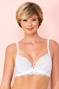 Easy to Love white unlined lace bra with delicate straps and crossing elastics, worn by a smiling model.