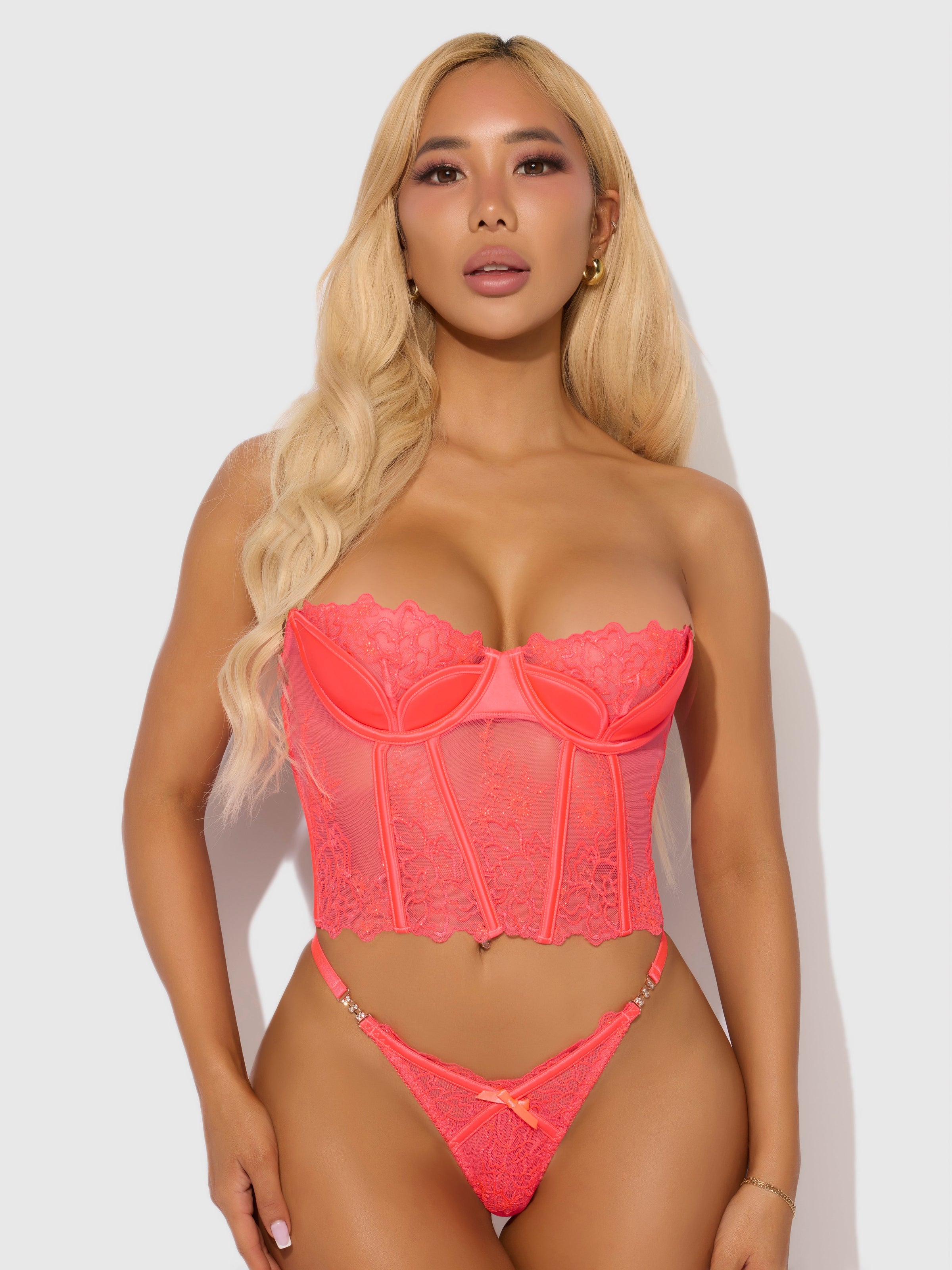 House of Desire Eden Embroidered Lace Bustier Bra & G-String Set