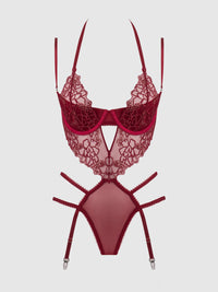 House of Desire Eden Embroidered Lace Gartered Teddy