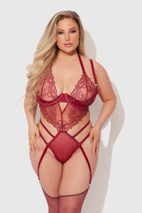House of Desire Eden Embroidered Lace Gartered Teddy