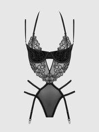 House of Desire Eden Embroidered Lace Gartered Teddy