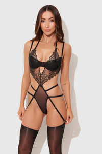 House of Desire Eden Embroidered Lace Gartered Teddy