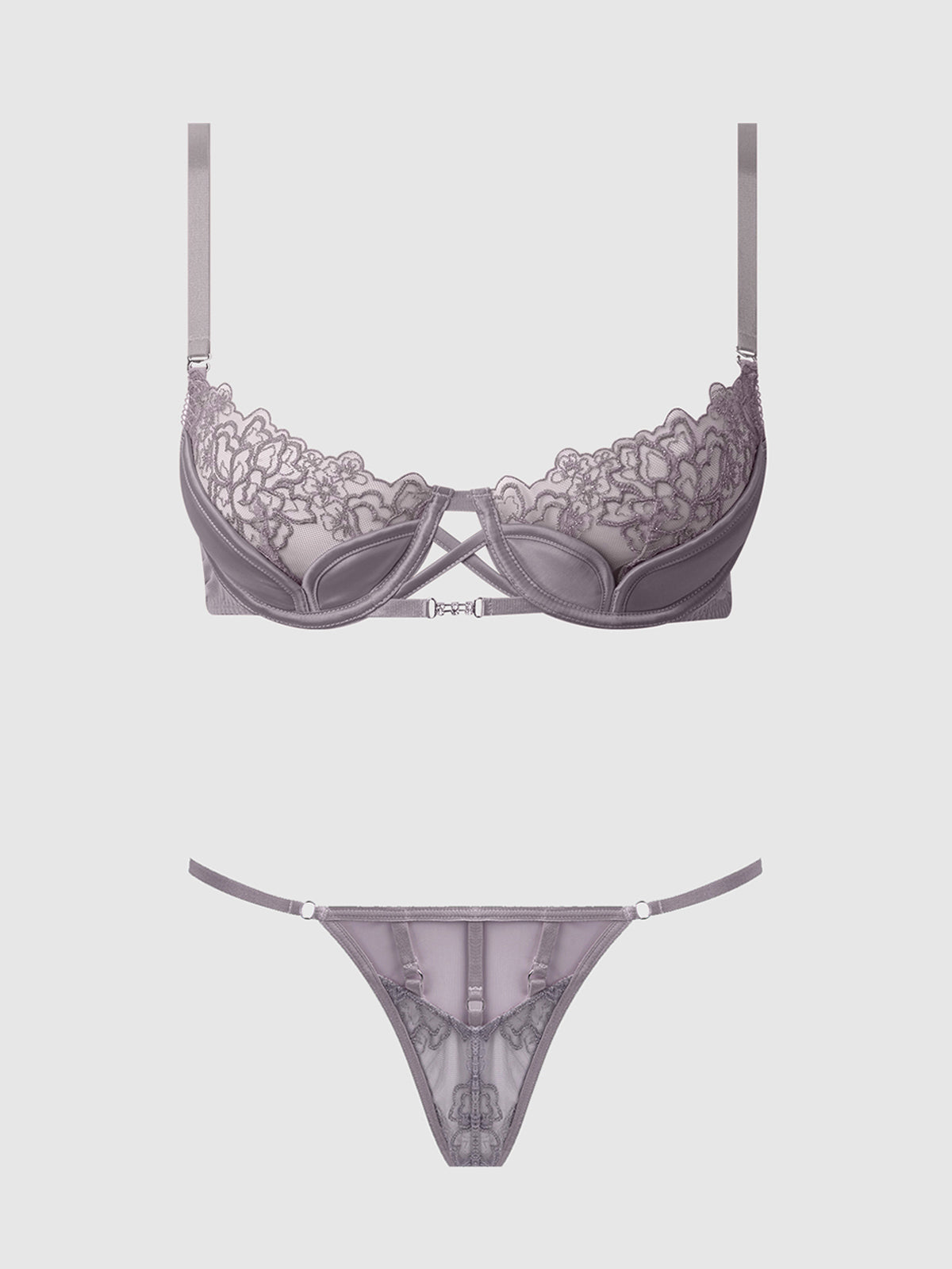 House of Desire Eden Embroidered Lace Satin Cups Bra & G-String Set