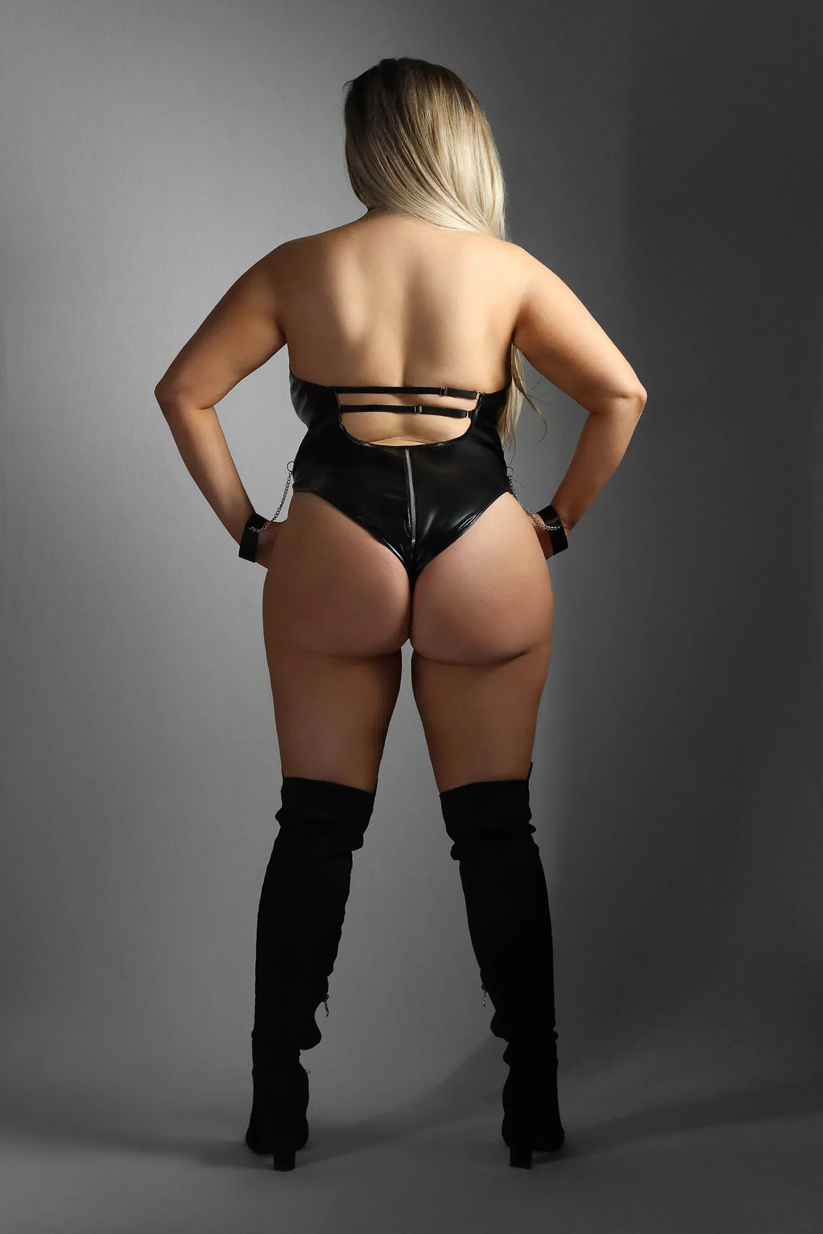 Fantasy Edge Queen Wetlook Zipper Teddy with Wrist Restraints Black