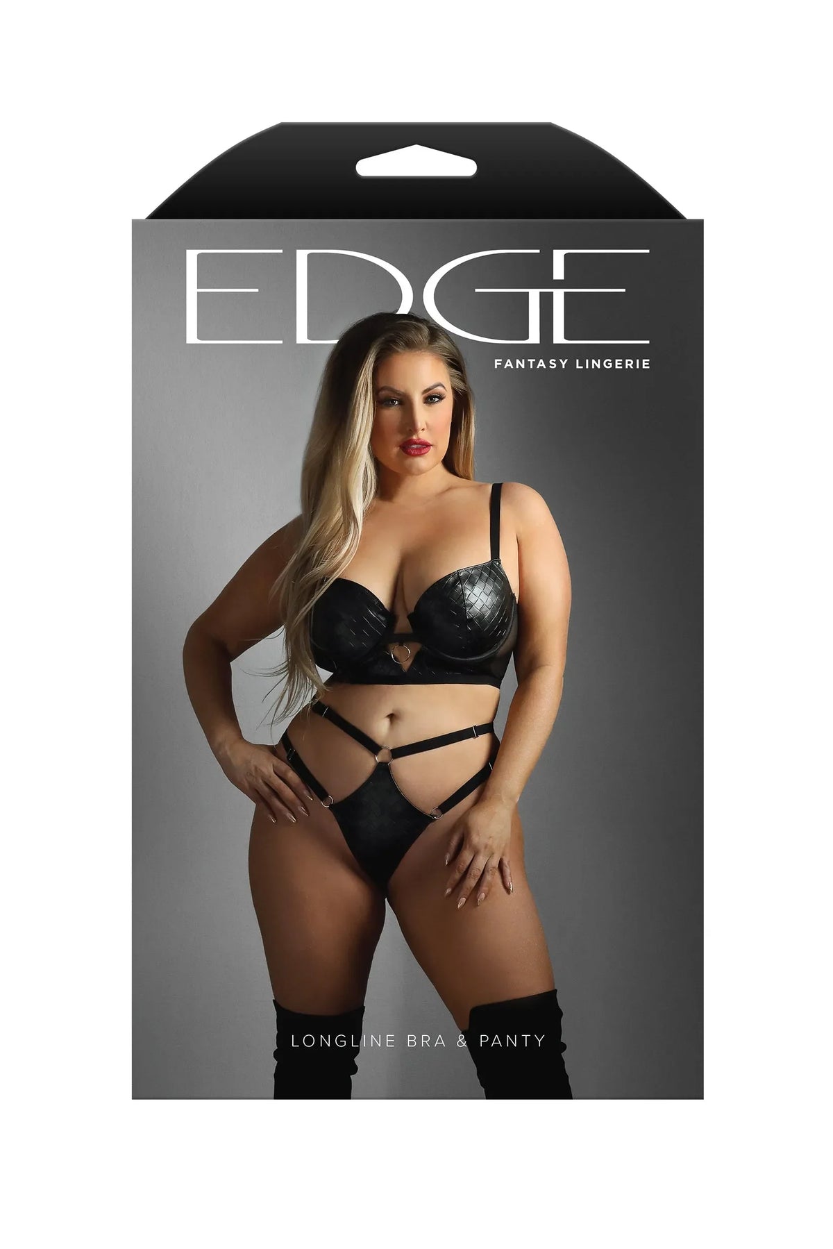 Fantasy Edge Queen Quilted Wetlook Longline Bra & Panty Set Black