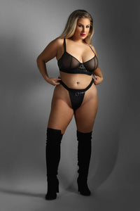 Fantasy Edge Queen Quilted Wetlook Mesh Bra Crotchless Panty Set Black