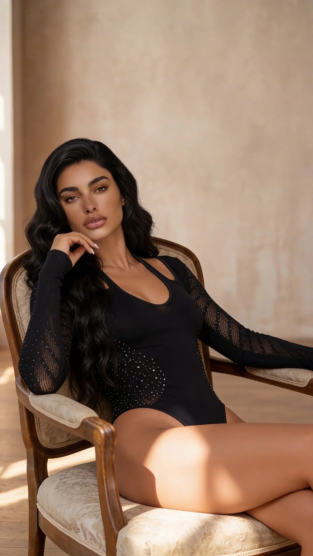 Elody Bodysuit Rhinestone Embellishments Striped Mesh Contrast