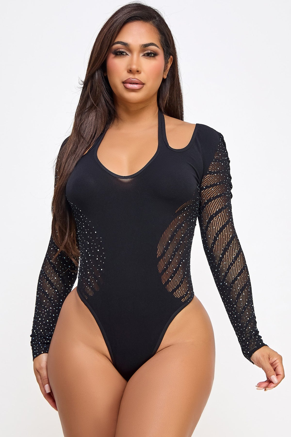 Elody Bodysuit Rhinestone Embellishments Striped Mesh Contrast