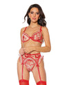 Coquette Embroidered Tulle Bra Set w/Ruffled Trim, Garter Belt & G-String