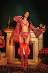Coquette Embroidered Tulle Bra Set w/Ruffled Trim, Garter Belt & G-String