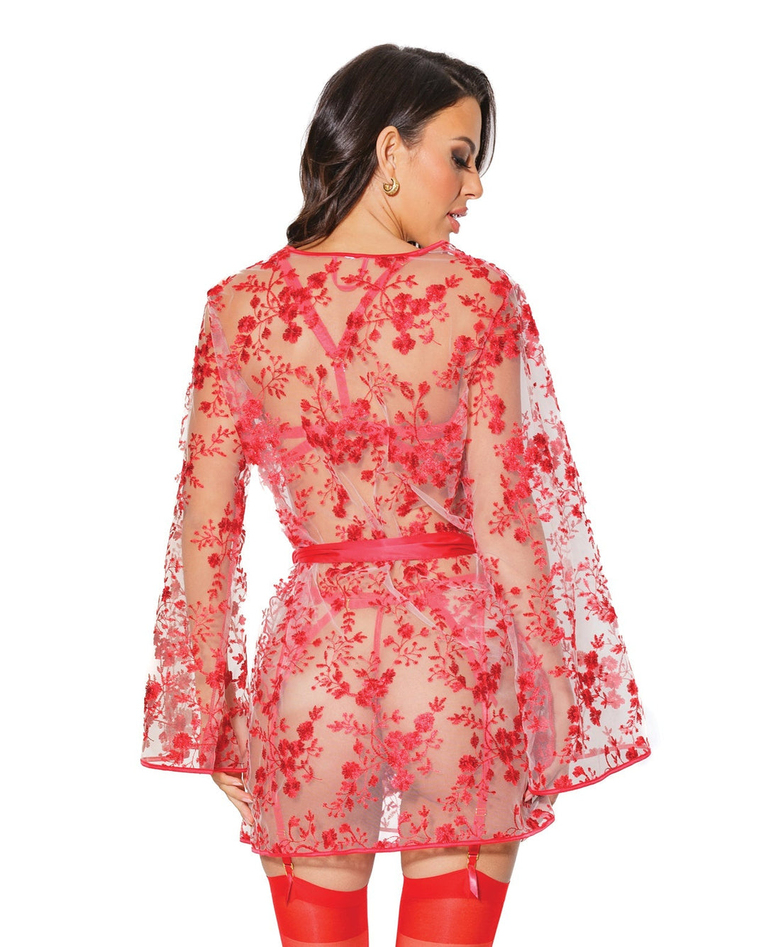 Embroidered Tulle Sheer Robe Red Flowers-Coquette-Rebel Romance