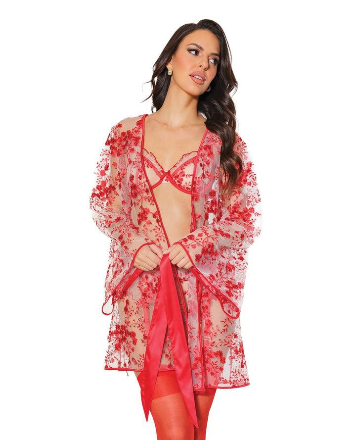 Coquette Embroidered Tulle Sheer Robe Red Flowers