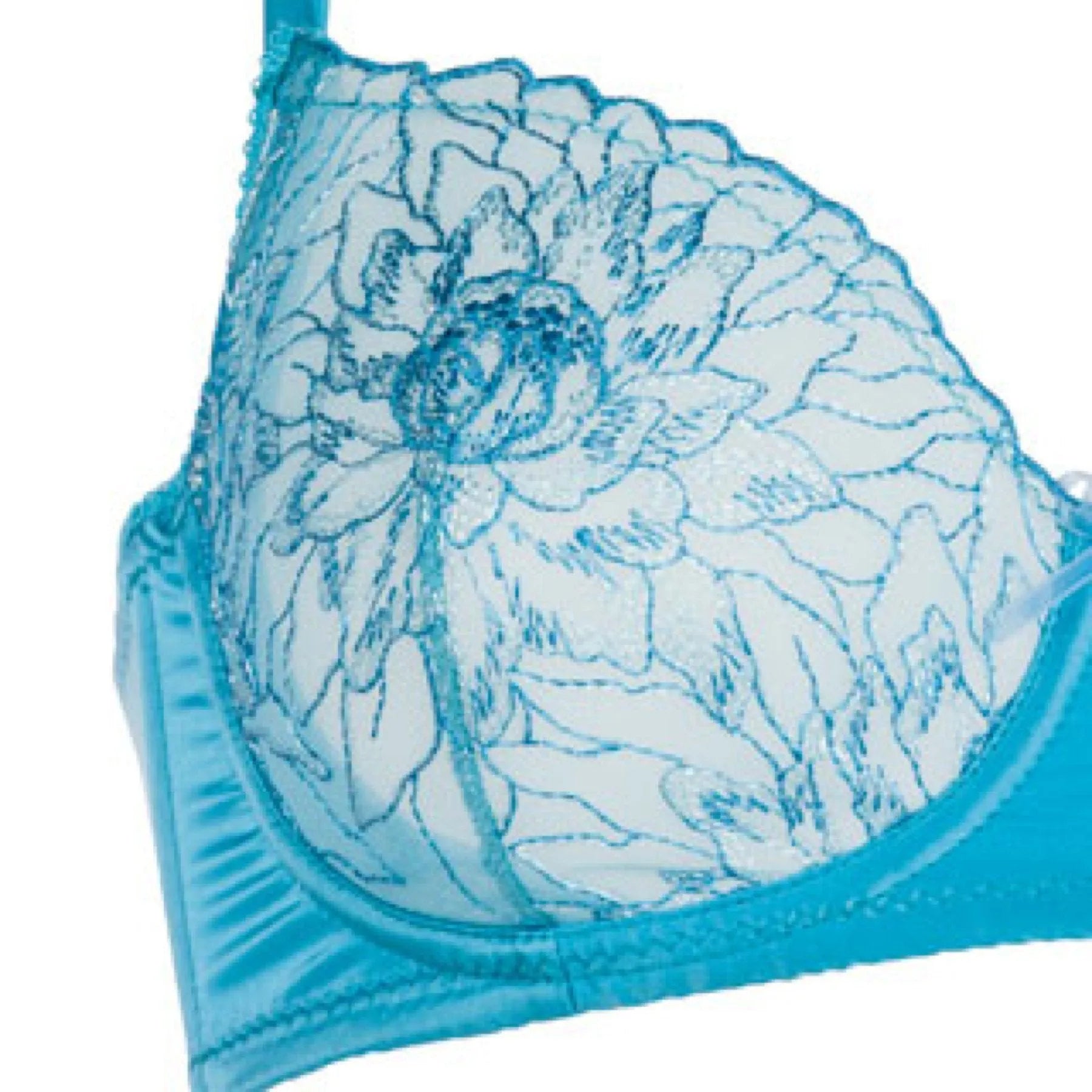 Escora Oceance sheer balconette bra in bright turquoise with flowing floral embroidery and delicate Boselli satin.