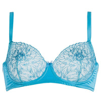 Escora Oceance sheer balconette bra in bright turquoise with flowing floral embroidery and delicate Boselli satin.