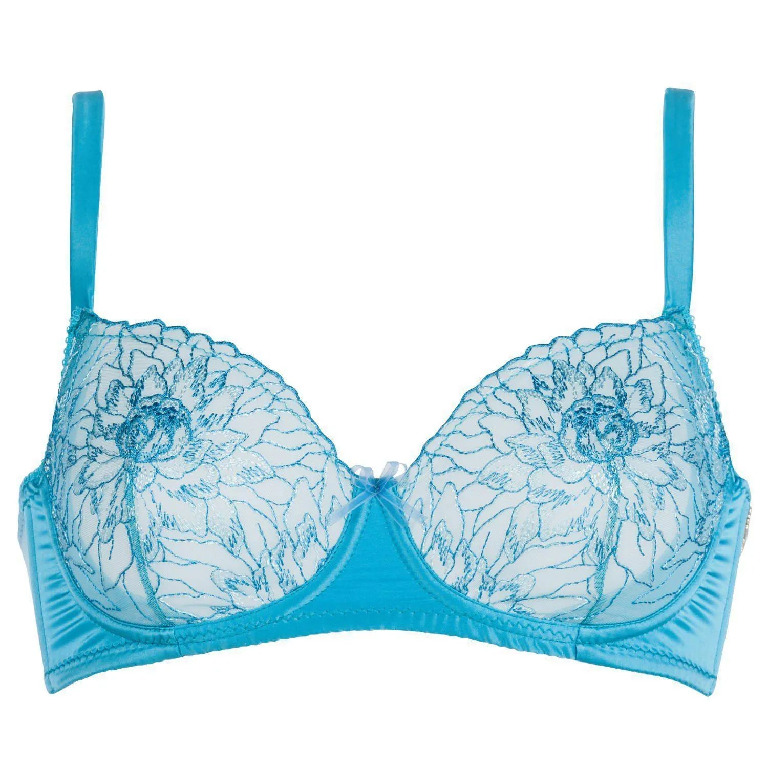 Escora Oceance sheer balconette bra in bright turquoise with flowing floral embroidery and delicate Boselli satin.