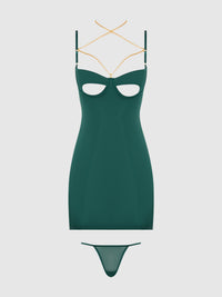 House of Desire Evangeline Satin & Chain Open Cup & Back Chemise Set