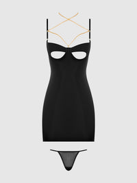 House of Desire Evangeline Satin & Chain Open Cup & Back Chemise Set