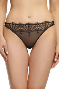 Fantastique black sheer g-string panty with delicate fan embroidery on tulle and soft fishnet mesh.
