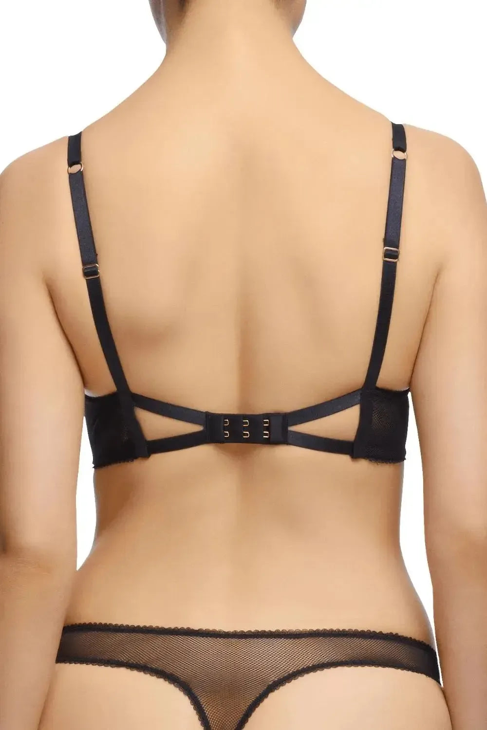Fantastique black sheer mesh unlined bra with signature gate back, velvet straps, and fishnet thong.