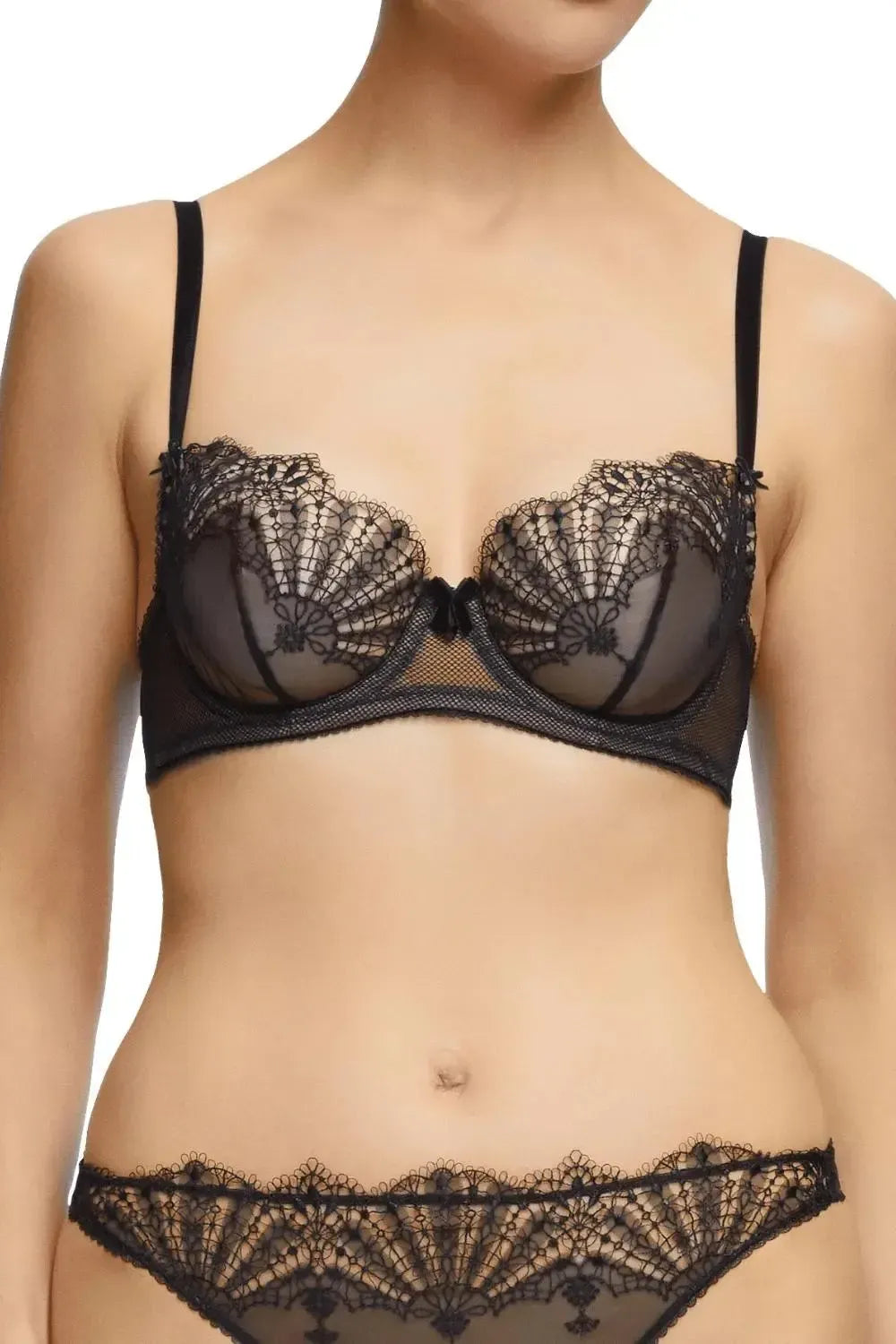 Dita Von Teese Fantastique black sheer mesh unlined bra with delicate fan embroidery and velvet details.