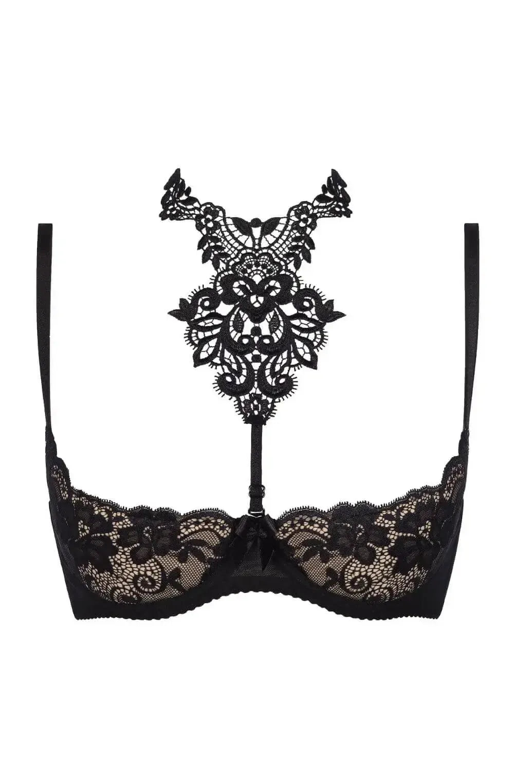 Black lace shelf bra with open cups and a removable ornate lace neckline insert.