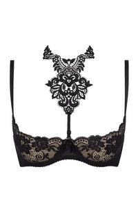Black lace shelf bra with open cups and a removable ornate lace neckline insert.