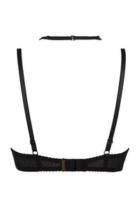 Black lace shelf bra with open cups, underwire, and adjustable straps for a captivating silhouette.
