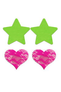 Fantasy UV Reactive Neon Star & Lace Heart Pasties Green & Pink Pack of 2