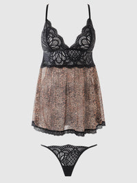 House of Desire Felicia Leopard Mesh & Lace Babydoll Set