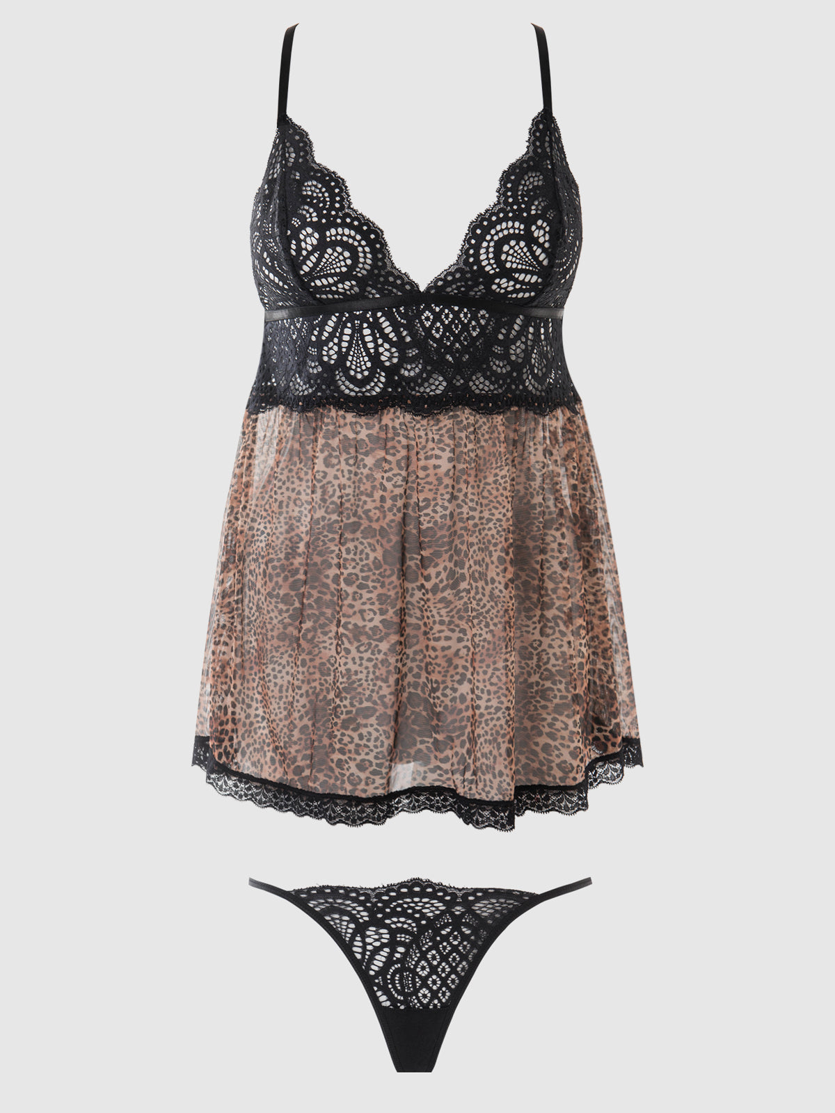 House of Desire Felicia Leopard Mesh & Lace Babydoll Set