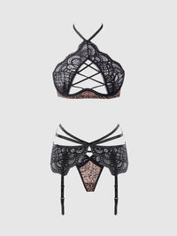 House of Desire Felicia Leopard Mesh & Lace Bra, Garter & G-String Set